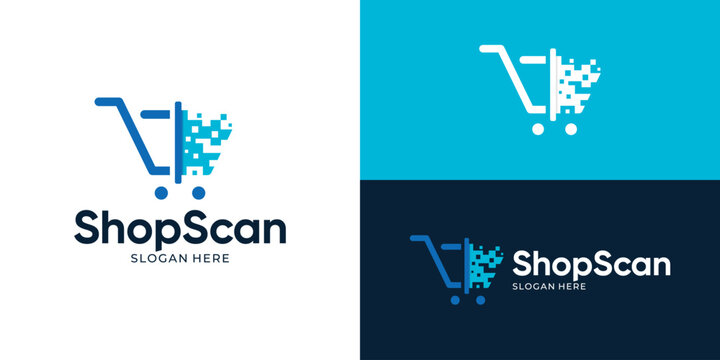 Creative modern shop scan logo template. Shopping cart with barcode symbol logo design vector illustration.