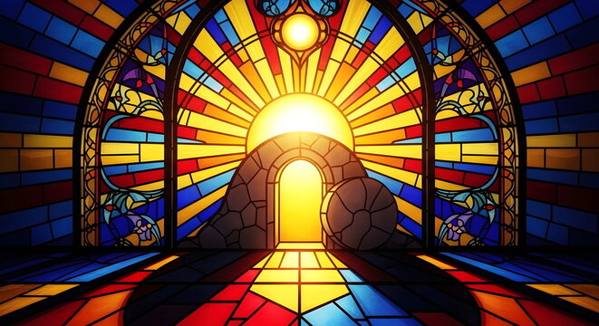 Stained Glass Illustration of the Empty Tomb at Sunrise