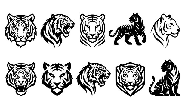 Black and white vector illustration set of ten stylized tiger designs including heads, roaring profiles, and full‑body silhouettes