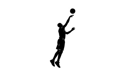 Dynamic black silhouette vector illustration of basketball player jumping with raised arm shooting ball in athletic motion © Kulsum
