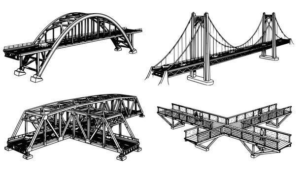 Black and white vector illustration of four different bridge designs including arch, suspension, truss, and cantilever structures