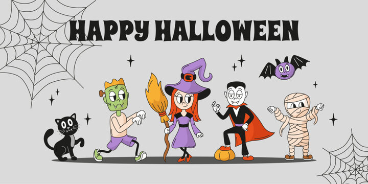 Halloween groovy background. Funny witch, vampire, zombie, mummy and black cat with bat. Autumn festival, horrible party poster with spider web, neoteric vector template