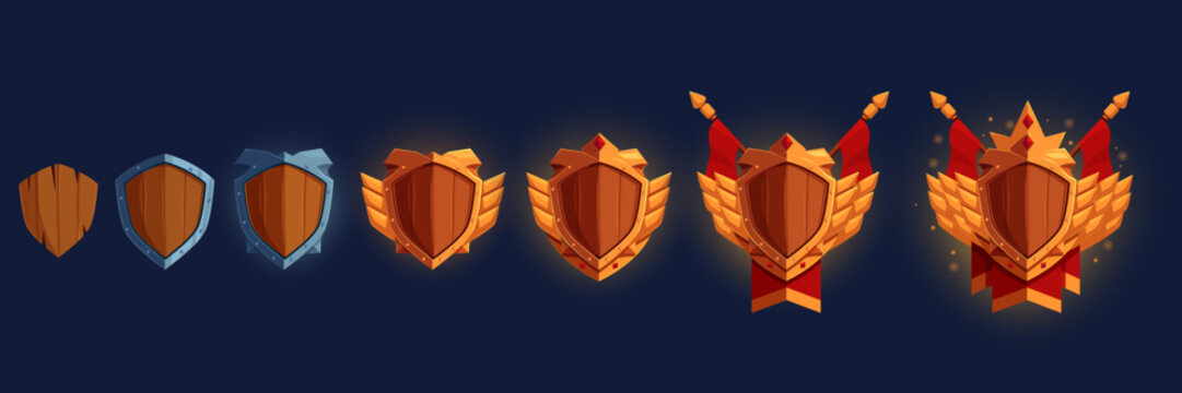 Shield game ranking badges. Play shields achievements with crown, gems, flags, velvet ribbons. Wooden, silver, metal, golden award pins, sapid vector elements
