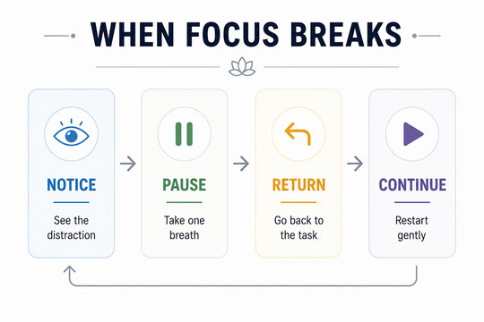 It displays a visual guide promoting mental wellbeing with icons and text suggesting strategies for managing focus, including noticing distractions, pausing, returning to the task, and continuing. It&rsquo;