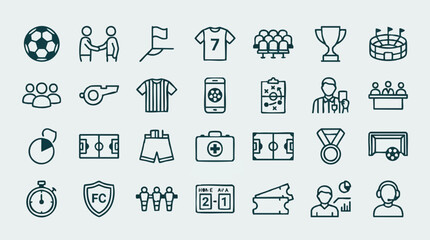 Outline Vector Icons for Soccer and Football: Players, Equipment, and Stadium Elements © Colorgraph