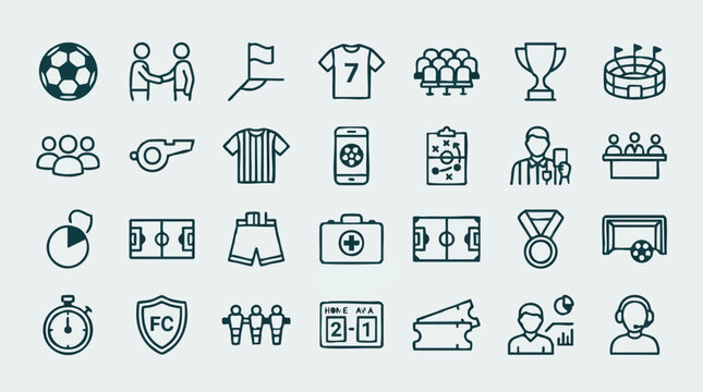 Outline Vector Icons for Soccer and Football: Players, Equipment, and Stadium Elements