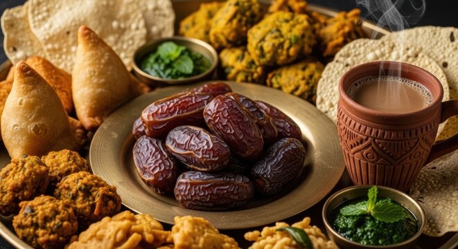 Traditional Indian Iftar spread with dates, samosas, pakoras, and chai