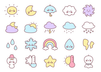 Naklejka premium Kawaii weather icon set. Collection of cute climate elements showing different conditions and temperature variations in soft pastel palette with friendly expressions and simple style. Vector 10 EPS.