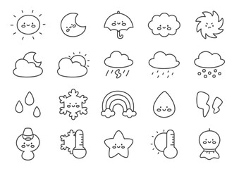 Naklejka premium Kawaii weather icon set. Collection of cute monochrome climate elements showing different conditions and temperature variations with friendly expressions and simple style. Vector 10 EPS.