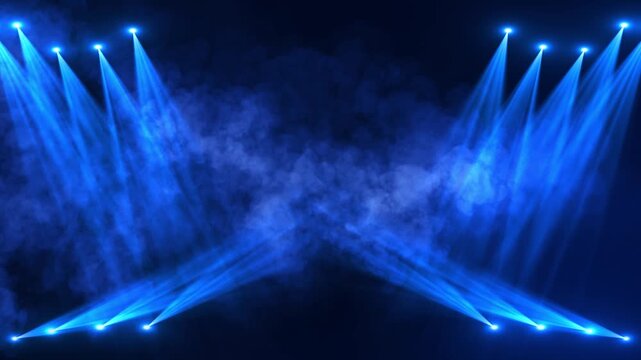 Blue Stage Lights Smoke Beam Effects Background, stage lights projecting beams atmospheric scene energy. Glowing light rays particles cinematic feel. events, performances, dramatic visual backgrounds.