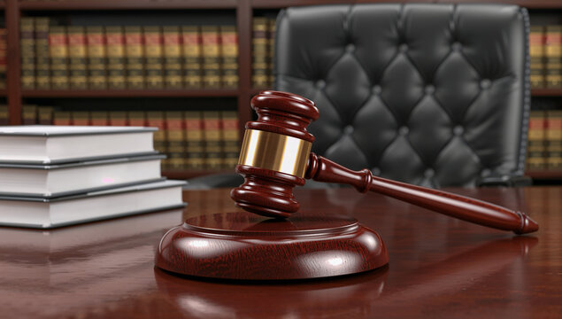A courtroom gavel rests on a desk next to law books, symbolizing justice and legal proceedings in a courthouse setting