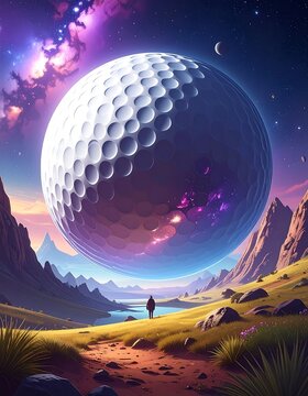 Surreal landscape with a colossal golf ball suspended in the sky, a figure observes between mountains and a cosmic nebula