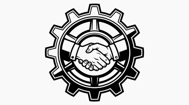 A handshake occurs within a gear symbolizing business partnership
