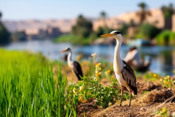 Fototapeta premium Tranquil Scene of Herons by the Edge of the Nile River Surrounded by Lush Greenery and Blue Waters