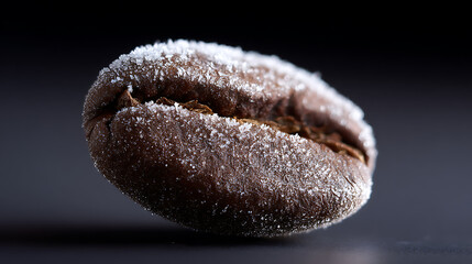 Fototapeta premium Macro closeup of a single brown coffee bean covered in sparkling white sugar crystals on a dark, reflective background, highlighting texture and detail