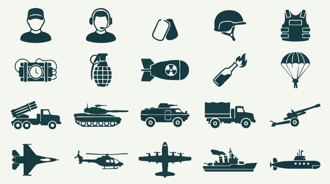 Military army equipment, vehicles, weapons, and personnel icons set