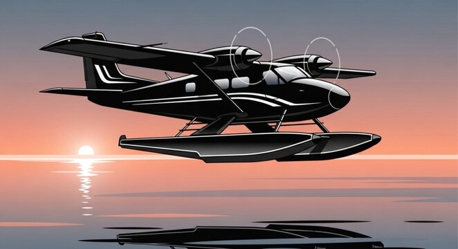 Seaplane Flying Over Calm Water During Sunset.