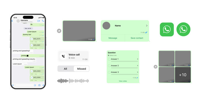 WhatsApp Mobile Mockup & iPhone Frame UI Kit &ndash; Complete Chat Experience Screens: Video Message, Voice Note, Image Grid, Reaction Menu & Chats List. Includes Interactive Elements: Video Bubbles, Audio 