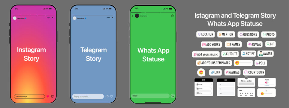 Instagram and Telegram Story and Whats App Statuse UI Mockup with Question Bar, Poll, Quiz, Slider, Link, Mention and Countdown Stickers, Interactive Social Media Story Interface on Smartphone 