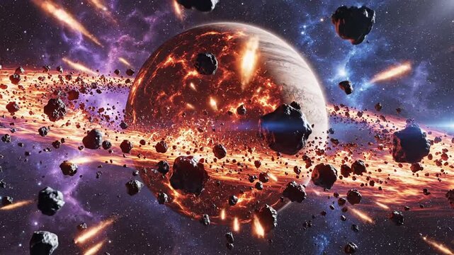 Planet explosion in space with asteroid impacts.