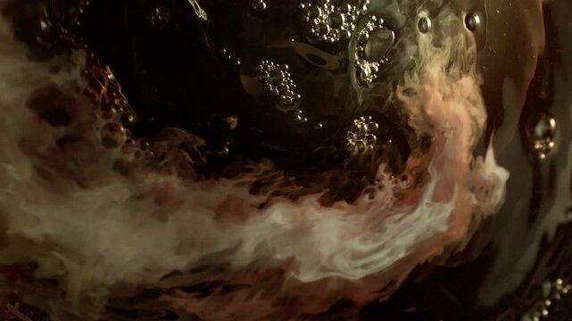 Super Slow Motion Shot of Swirling Cream Mixing in Ice Coffee at 1000fps.