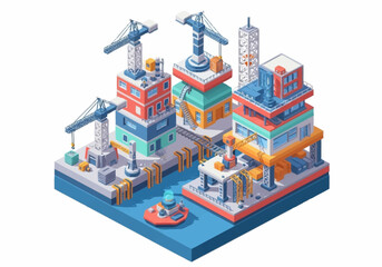 Fototapeta premium Isometric illustration of a futuristic construction site with cranes and modular buildings.