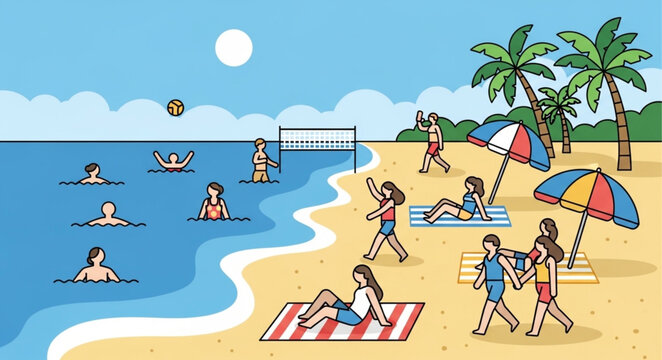 Beach Scene with People Sunbathing Swimming and Playing.