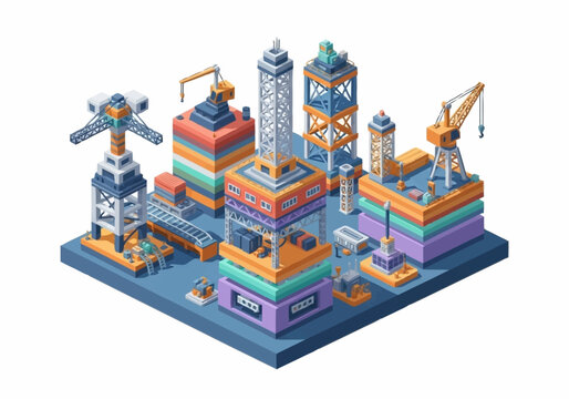 Isometric illustration of a colorful, abstract cityscape with various buildings and construction cranes.