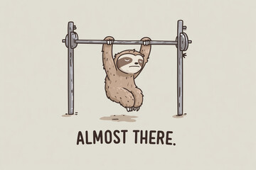 Obraz premium Cute Sloth Hanging from Pull Up Bar Sleeping Funny Gym Illustration Almost There Text