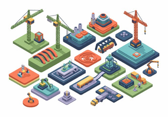 Obraz premium Isometric industrial complex with cranes, factories, and construction elements.