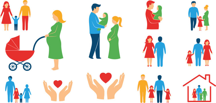 Family and parenthood icon set featuring pregnant women, couples with children, and baby strollers for lifestyle concepts vector