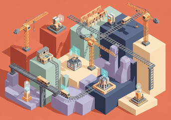 Obraz premium Isometric illustration of construction site with cranes, trains, and buildings, representing industry and development.