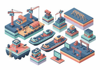 Fototapeta premium Isometric illustration of construction elements, including cranes, buildings, and boats, on a white background.