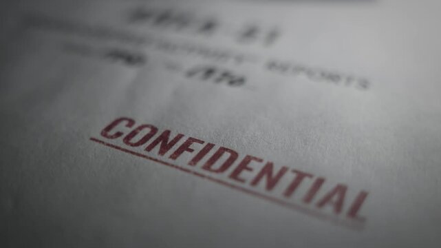 Close up on confidential labeled government military report from Area 51. UFO activity and UAP sightings. Retro looking old paper. Security leak exposed conspiracy secrets of alien visits on Earth