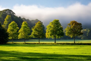 Fototapeta premium Serene Orchard Landscape in Early Morning Fog with Layered Trees and Lush Green Field