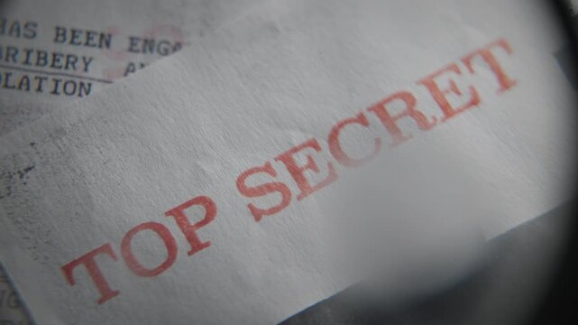 Retro looking red stamp of Top Secret label on government report or document. Official looking classified censored file with red rubber stamp. Leaked data and info or exposed secrets and conspiracy