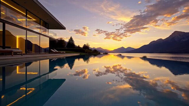 A serene poolside scene at sunset with a modern building, reflecting calmness and luxury