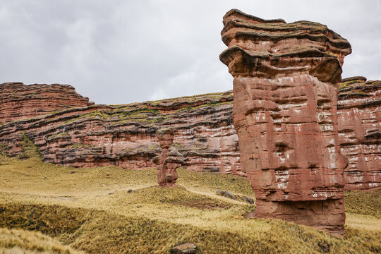 Tinajani, Peru - 27 Nov 2025: Rock formations of the Tinajani Canyon in the Peruvian Andes
