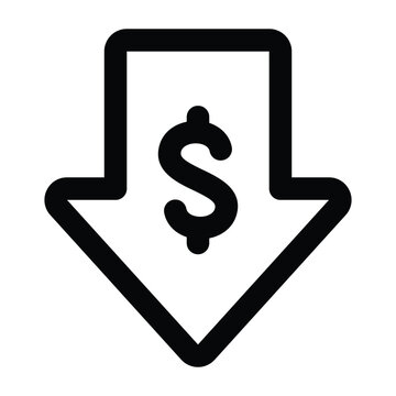 Minimal bold line style salary reduction with downward arrow and currency symbol. Clean thick stroke, suitable for finance, economy, business loss, and budgeting topics.