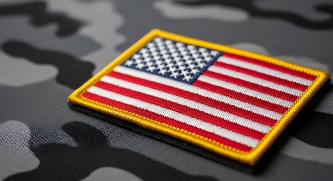 Embroidered rectangular flag patch representing national pride resting on a tactical gray camouflage textured surface material