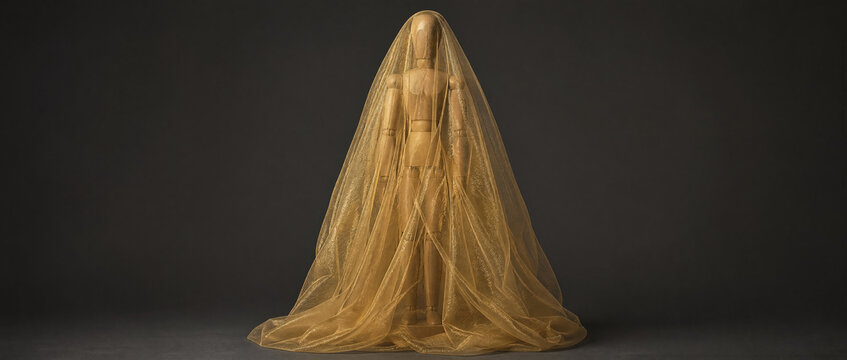 Wide shot of a wooden mannequin covered in sheer golden fabric. Articulated drawing model draped with a translucent yellow veil on a dark background