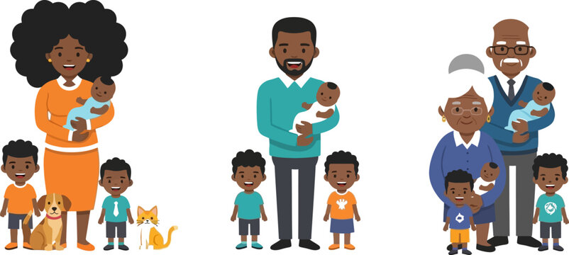 Multi-generational African American family characters set with parents grandparents children and pets in flat vector illustration style