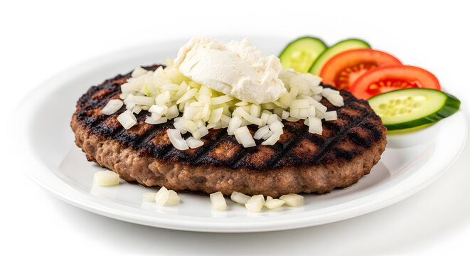 Pljeskavica or Serbian grilled hamburger patty dish made from beef or pork meat with onion cuts on top and vegetables served in white ceramic plate on white background