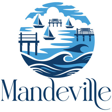 Mandeville Louisiana Lakefront Scenic Graphic with Sailboats, Ocean Waves, and Pier Benches in Blue and White Circular Emblem