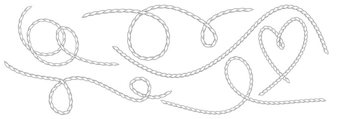 Fototapeta na wymiar Set of wavy western or nautical rope squiggle lines with flowing curves and tangles Marine cable pattern for sailor design Hand drawn sketch continuous line doodle elements Rope vector brush shapes