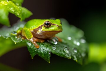 Obraz premium Vivid Green Frog Clinging to Leaf with Water Droplets in Macro Photography Displaying Nature's Beauty