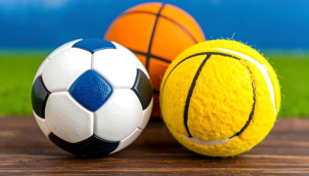 Three different athletic spheres rest on a wooden surface. A soccer ball, basketball, and tennis ball are brightly displayed, emphasizing play