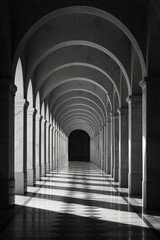 Naklejka premium Symmetrical Archway Corridor with Dramatic Shadows