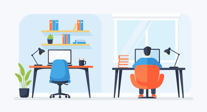 Two individuals work at desks with computers and lamps in a bright room