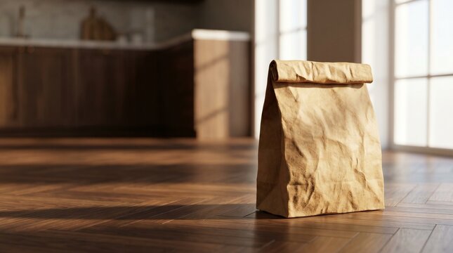 Crumpled brown kraft paper bag on herringbone wooden floor in a modern kitchen, eco-friendly food delivery and lunch bag concept, warm sunlight through window, minimalist interior background